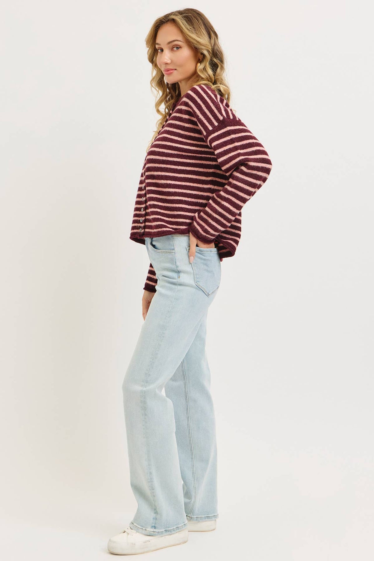 Pink Striped Button Cardigan