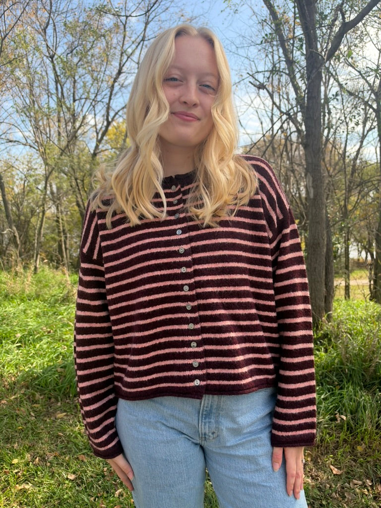 Pink Striped Button Cardigan