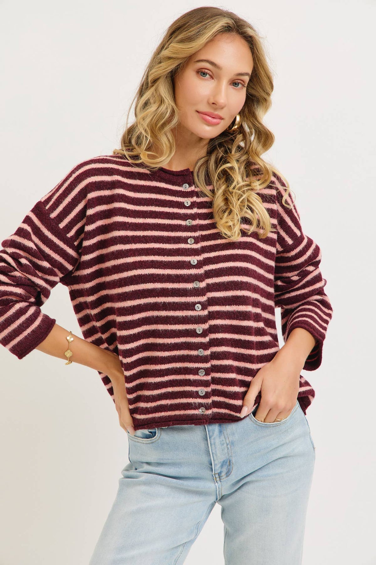 Pink Striped Button Cardigan