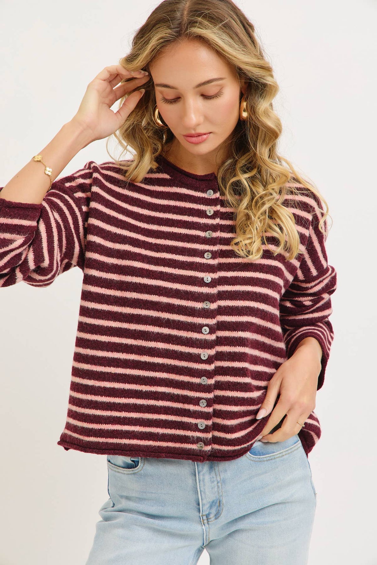 Pink Striped Button Cardigan