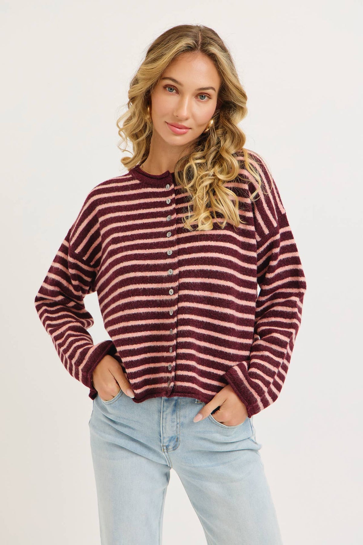 Pink Striped Button Cardigan