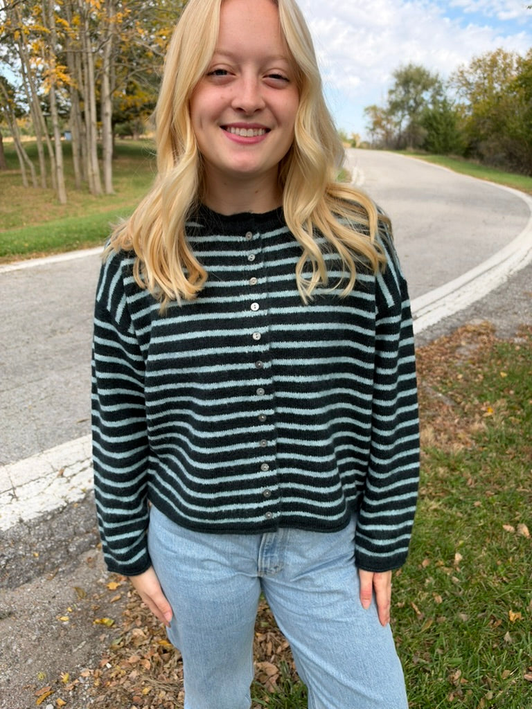 Blue Striped Button Cardigan