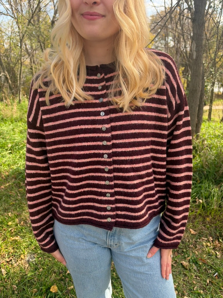 Pink Striped Button Cardigan