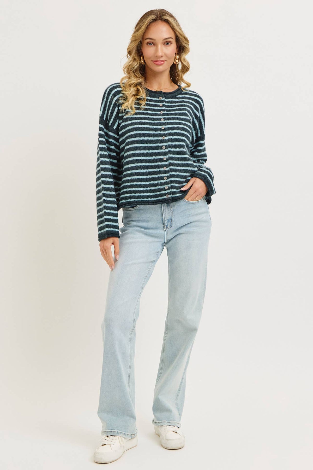 Blue Striped Button Cardigan
