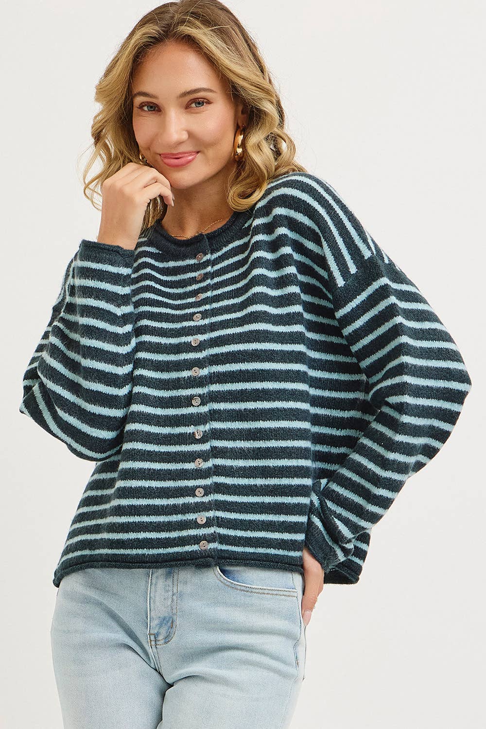 Blue Striped Button Cardigan