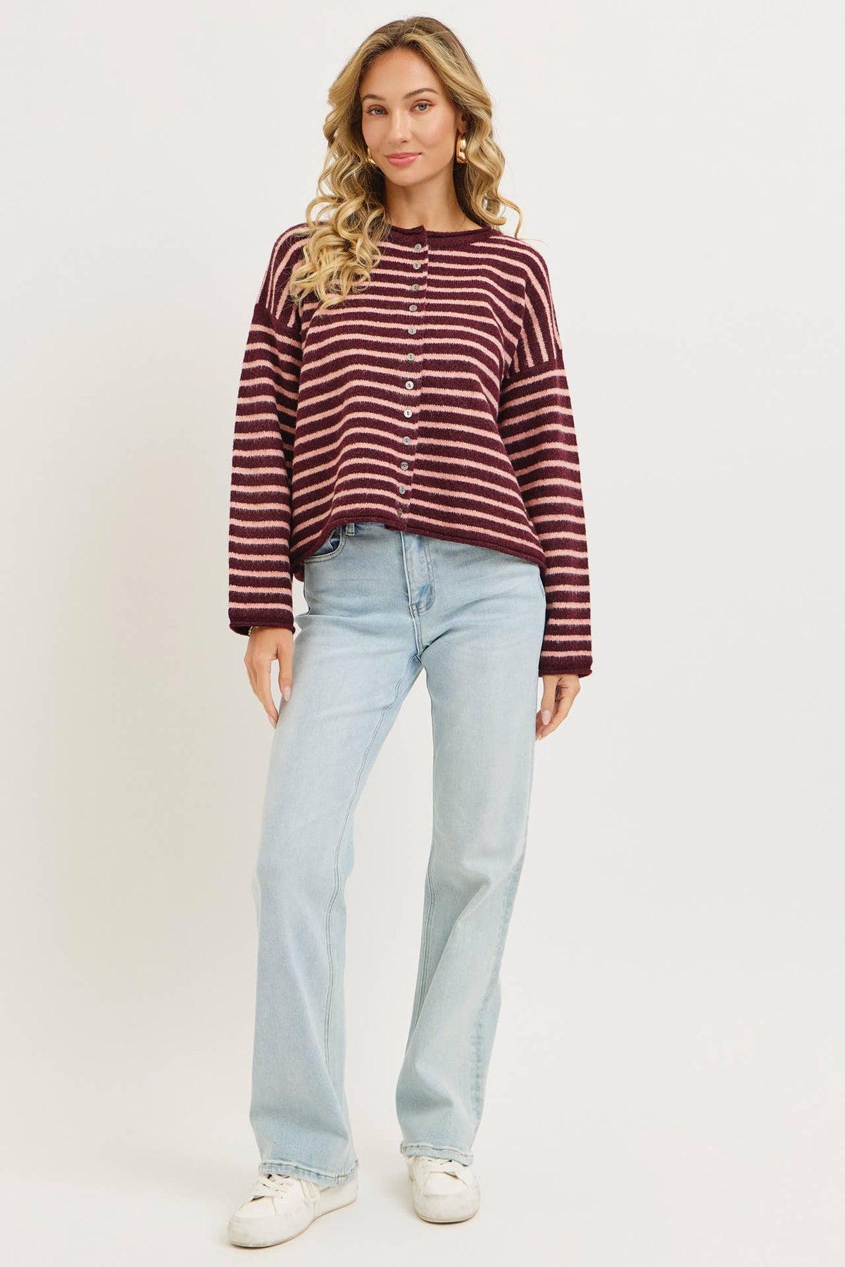 Pink Striped Button Cardigan